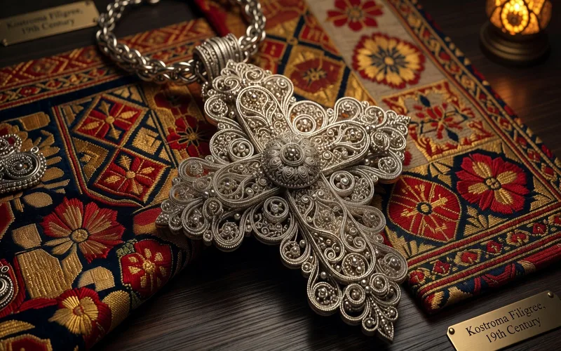Bijou en filigrane d'argent russe de Kostroma : broche ou pendentif en dentelle de métal avec motifs de volutes et de fleurs