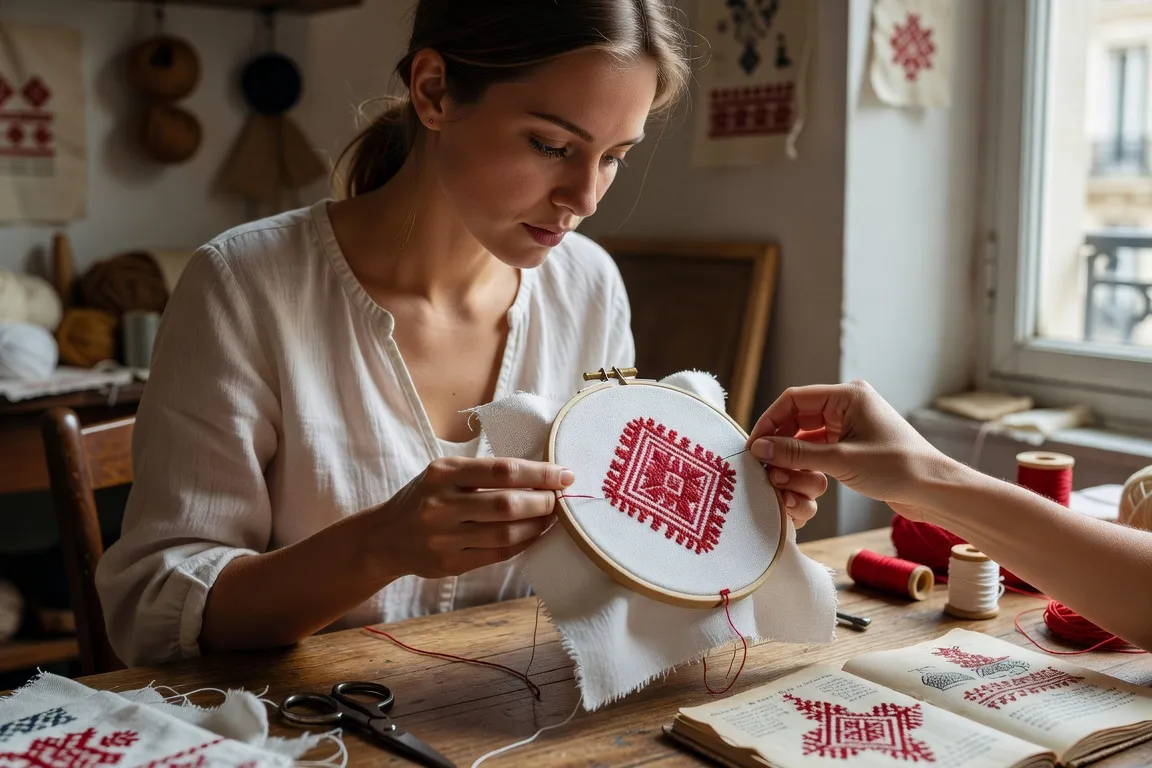 Apprentissage de la broderie russe en atelier Élève francophone apprenant la broderie traditionnelle russe à Paris