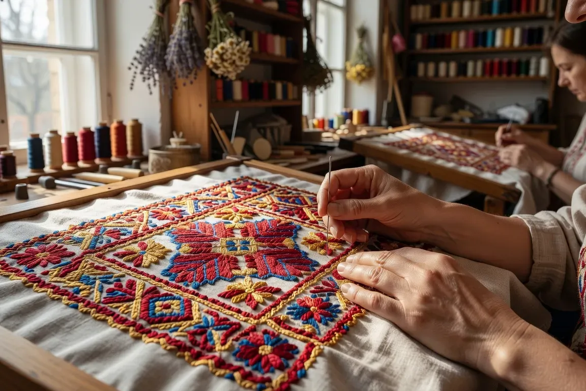 Atelier de confection de costumes russes à Lyon avec tissus brodés
