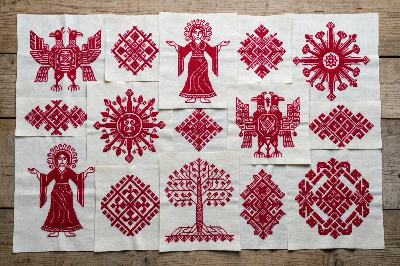 Motifs traditionnels de broderie russe : Beregynia, oiseaux, arbre de vie