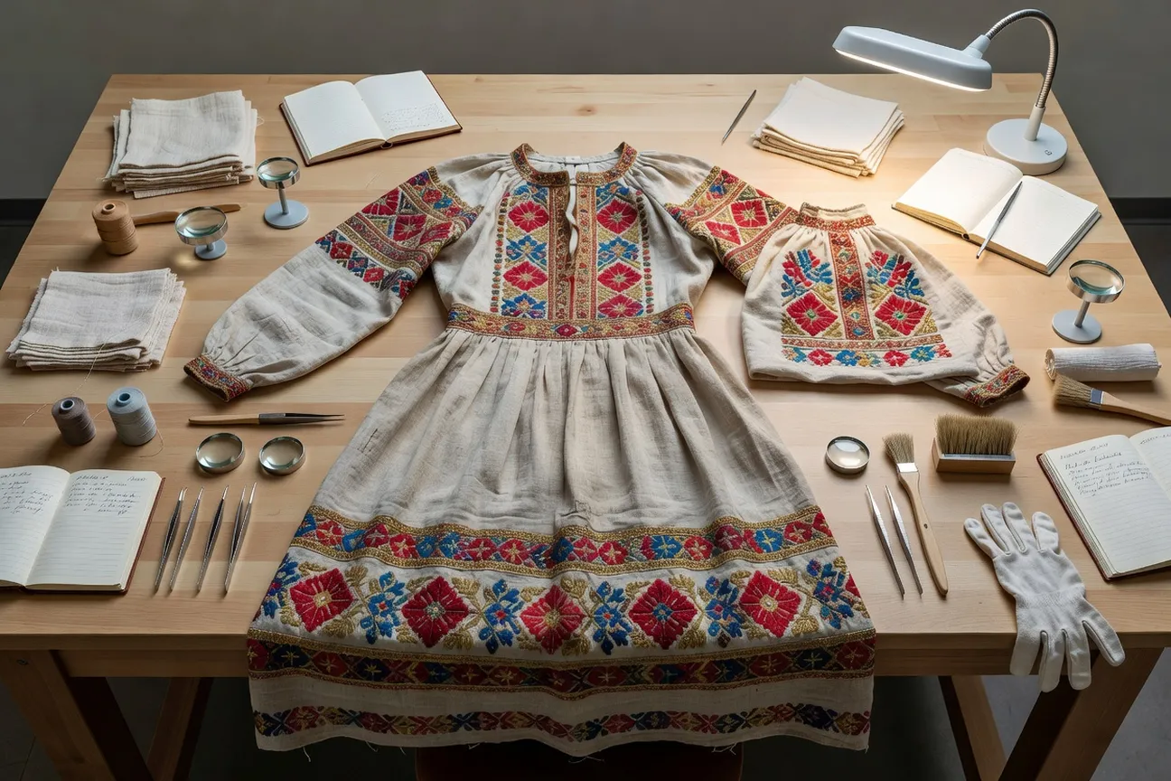 Costume russe ancien en cours de restauration sur table de travail de conservation