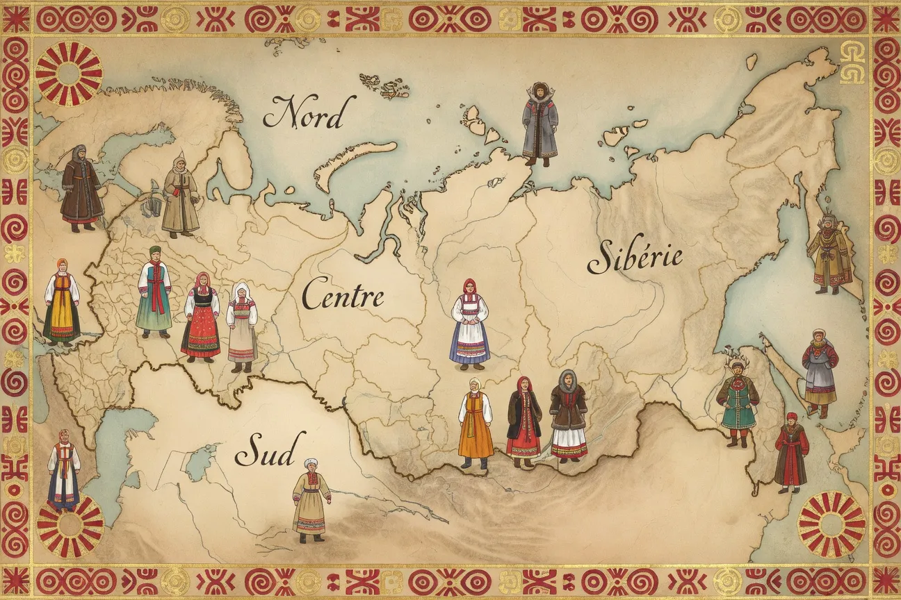Carte des régions de Russie et leurs costumes traditionnels