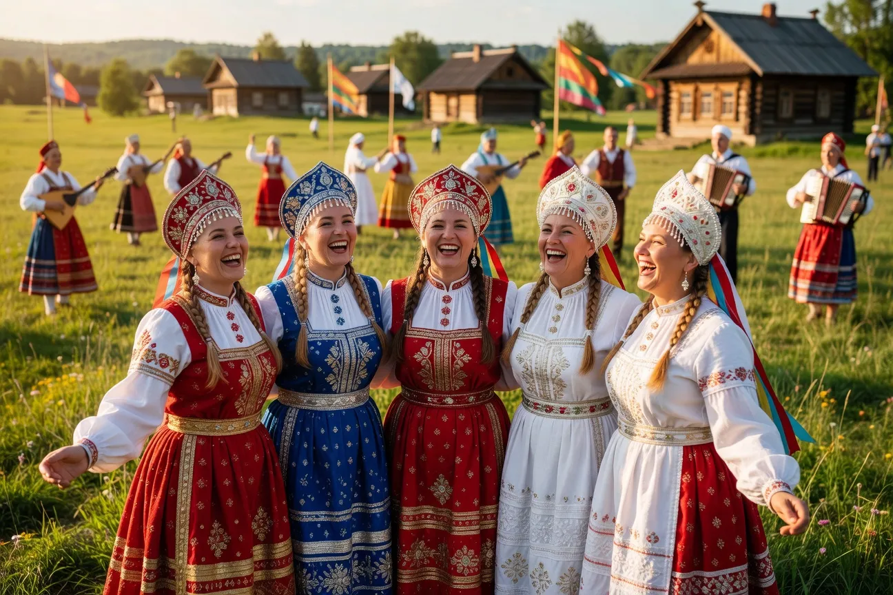 Femmes en costumes traditionnels russes régionaux lors d'une fête folklorique en plein air