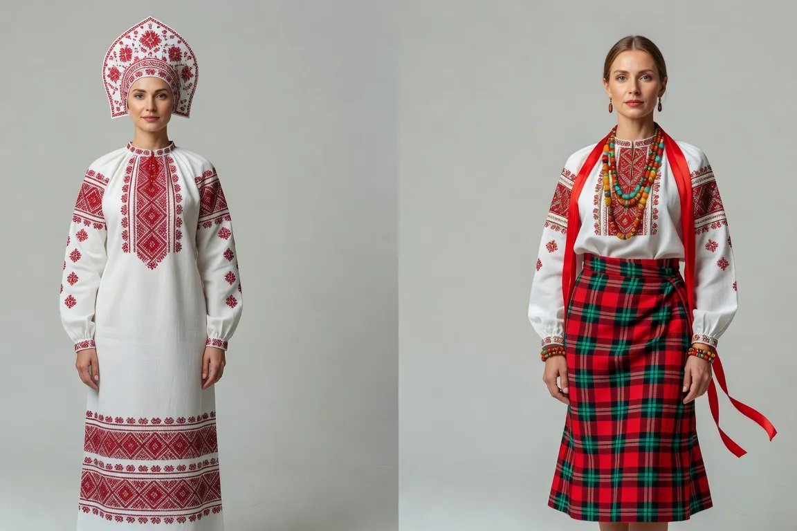Comparatif costume du Nord (sarafane droit) vs costume du Sud (poneva)