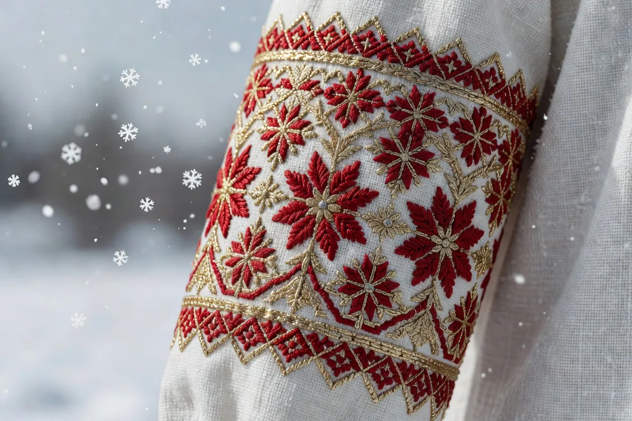 Broderie festive rouge et or sur manche de costume traditionnel slave d'hiver