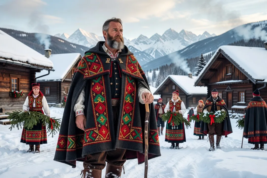 Costume traditionnel des Górale du Podhale porté à Noël devant les montagnes des Tatras enneigées