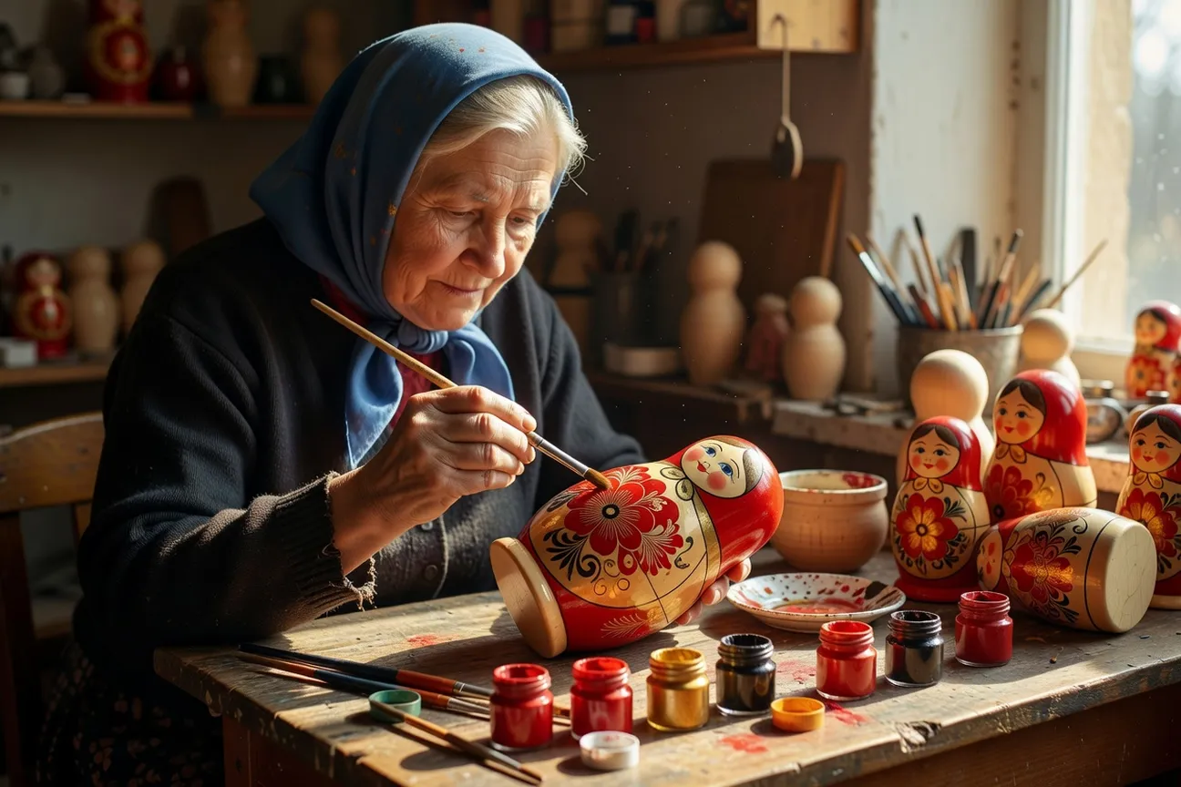 Peintre artisanale décorant une matriochka selon l'école de Semenov
