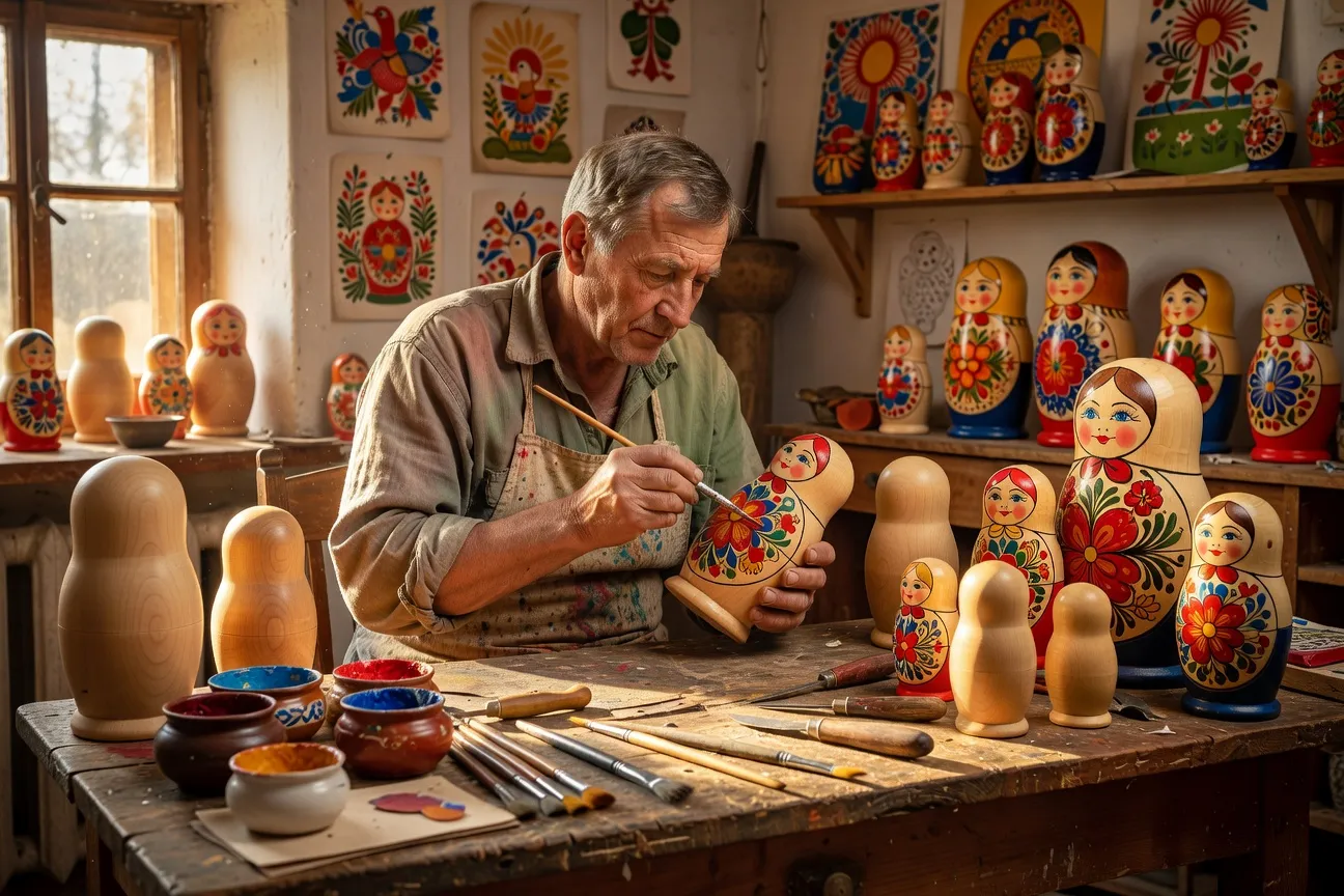 Artisan peignant une matriochka dans le style de Sergiev Possad — travail manuel traditionnel