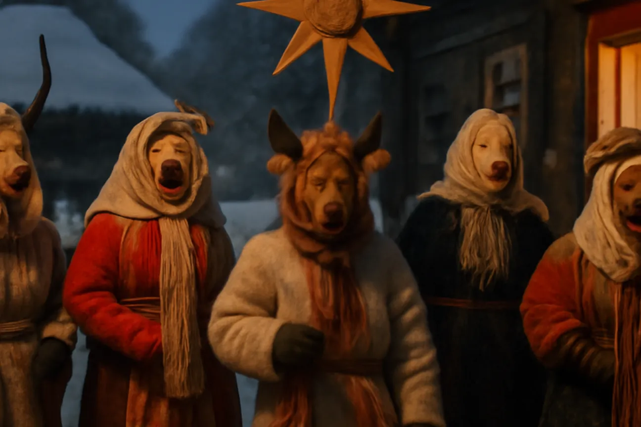 Groupe en costumes traditionnels chantant le kolyadovanie pendant les Sviatki