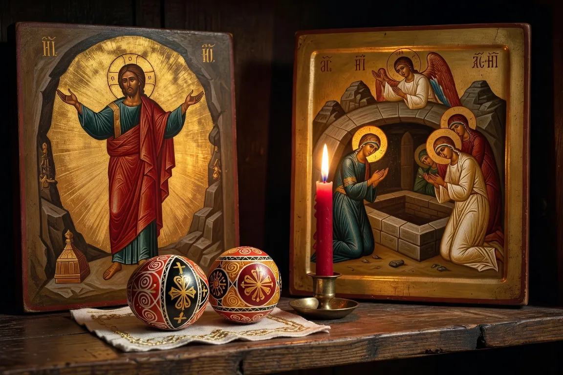 Icônes pascales russes traditionnelles avec œufs rouges décorés