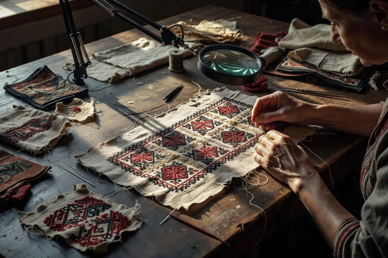 Mains d'Olga Manceau travaillant sur un textile brodé slave ancien — atelier de conservation à Bordeaux