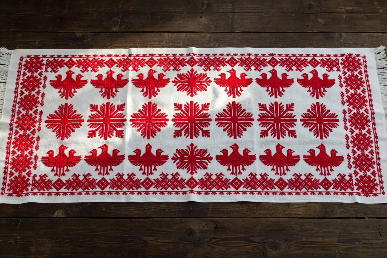 Rouchnik brodé traditionnel — linge rituel slave avec motifs géométriques protecteurs en fil rouge