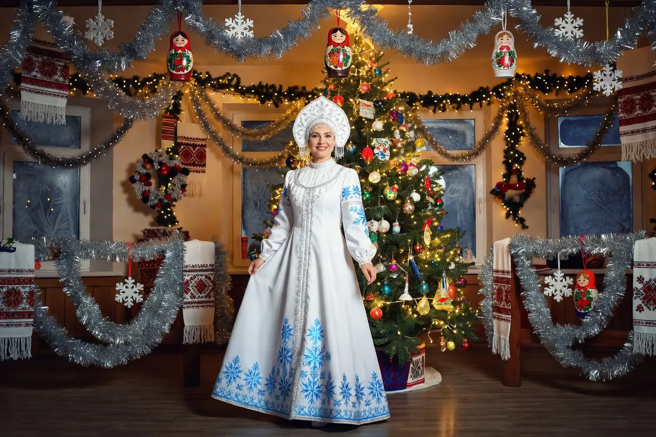 Femme en costume complet de Snégourotchka — sarafane bleu et kokochnik argenté pour les fêtes