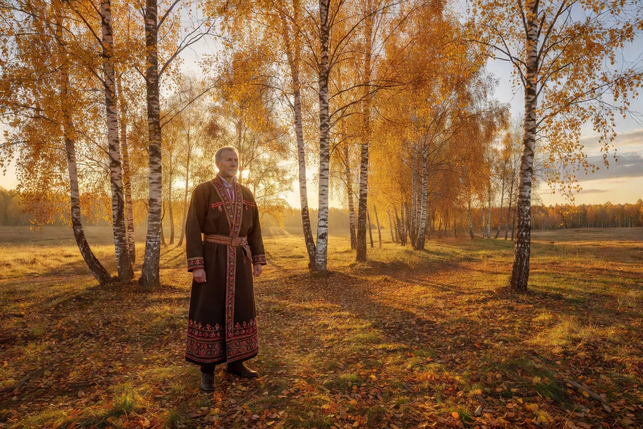 Homme en chapan traditionnel russe au milieu des bouleaux — tenue de fête régionale