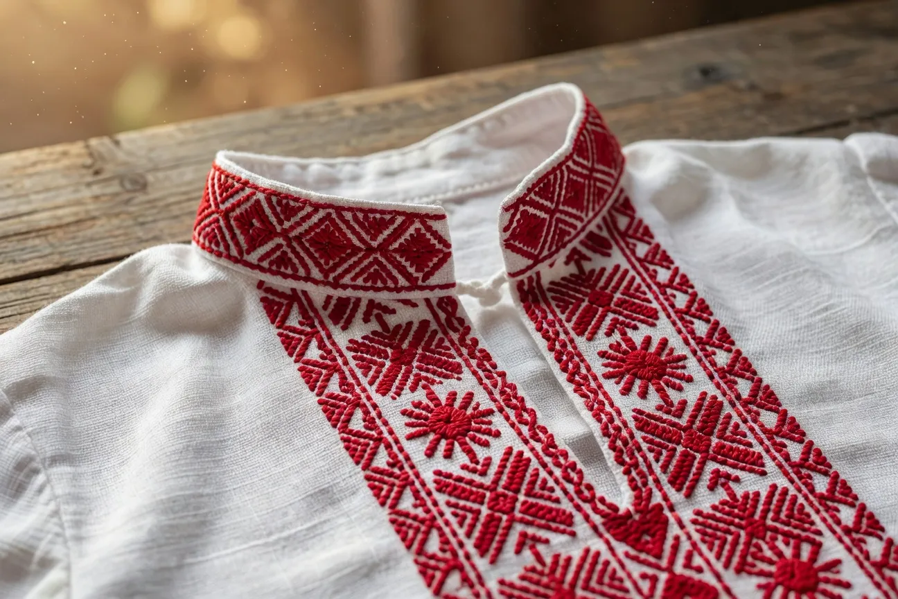Détail de la broderie d'une kosovorotka russe — col et manches brodés en rouge