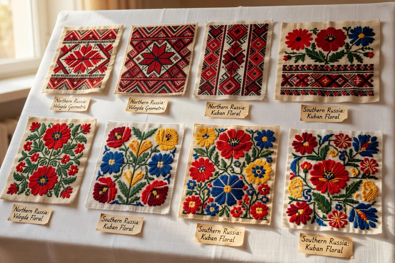 Échantillons de textiles slaves — motifs brodés de différentes régions russes