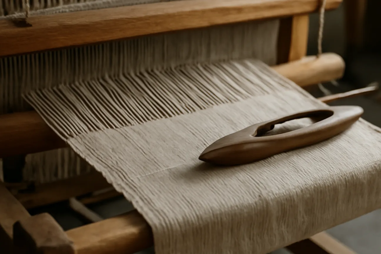 Métier à tisser traditionnel avec toile de lin en cours de fabrication