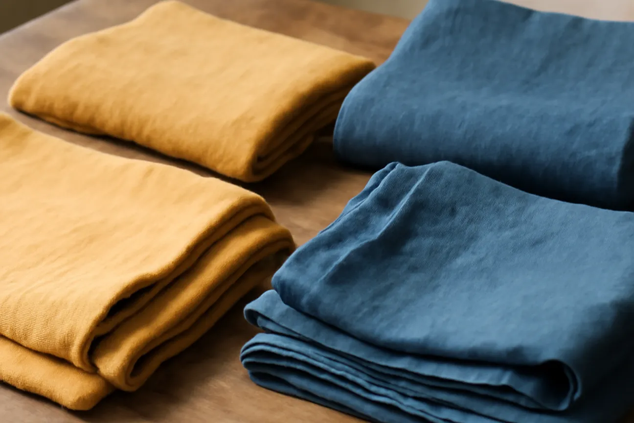 Échantillons de toile de lin teinté naturellement dans des tons ocre et bleu