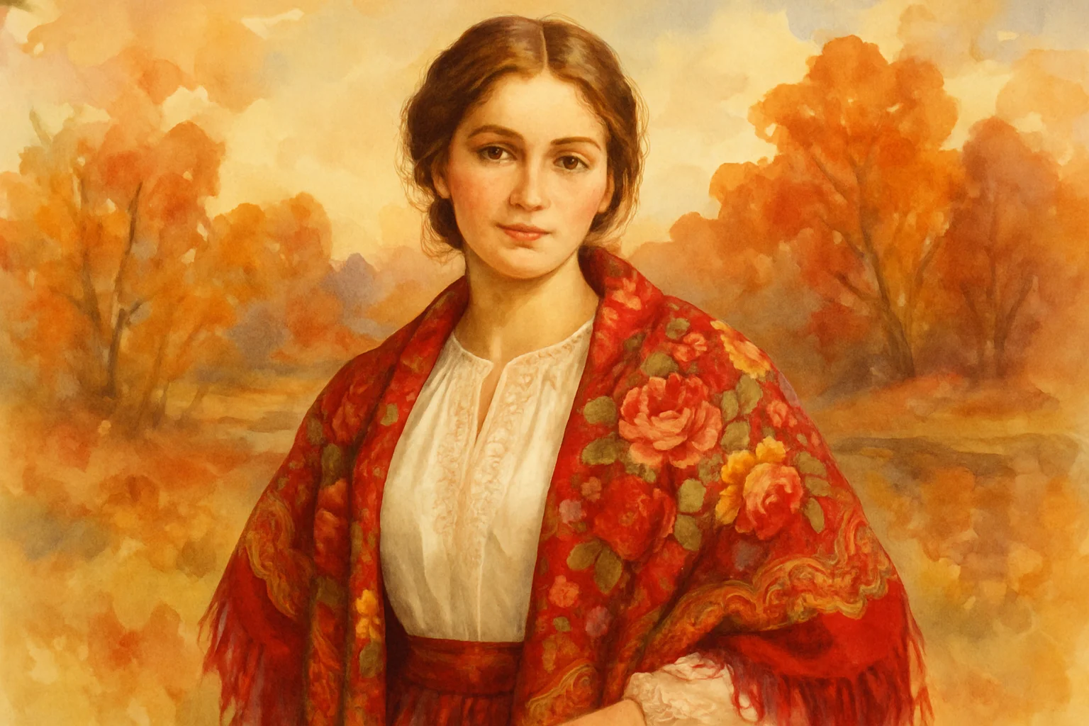 Femme portant un chale de Pavlovo Possad sur les epaules avec blouse blanche brodee, style peinture russe romantique, paysage d'automne