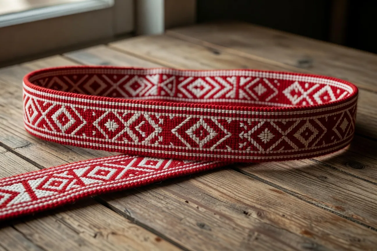 Ceinture poyas russe tissée aux cartons, motifs traditionnels
