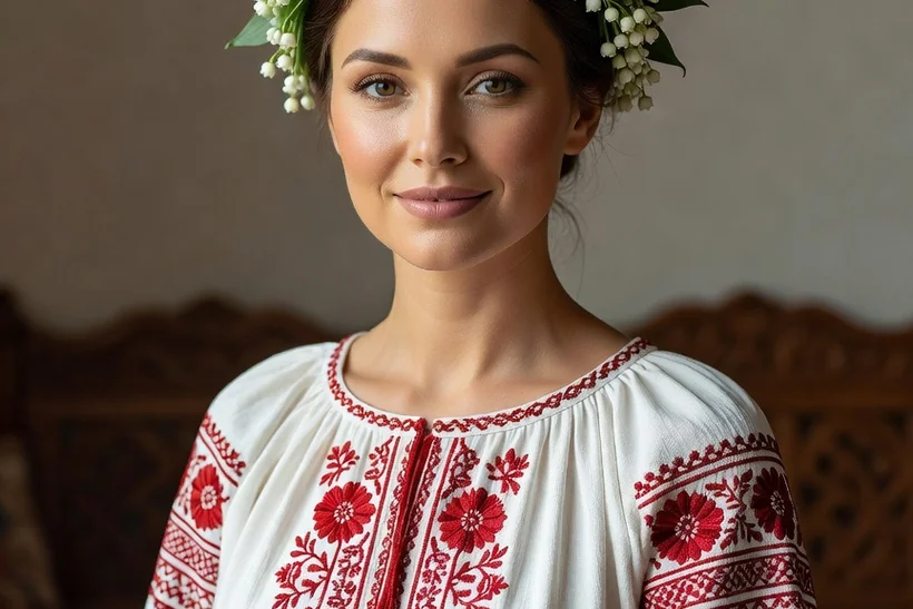 Mariée russe traditionnelle en robe brodée et couronne de fleurs vinok
