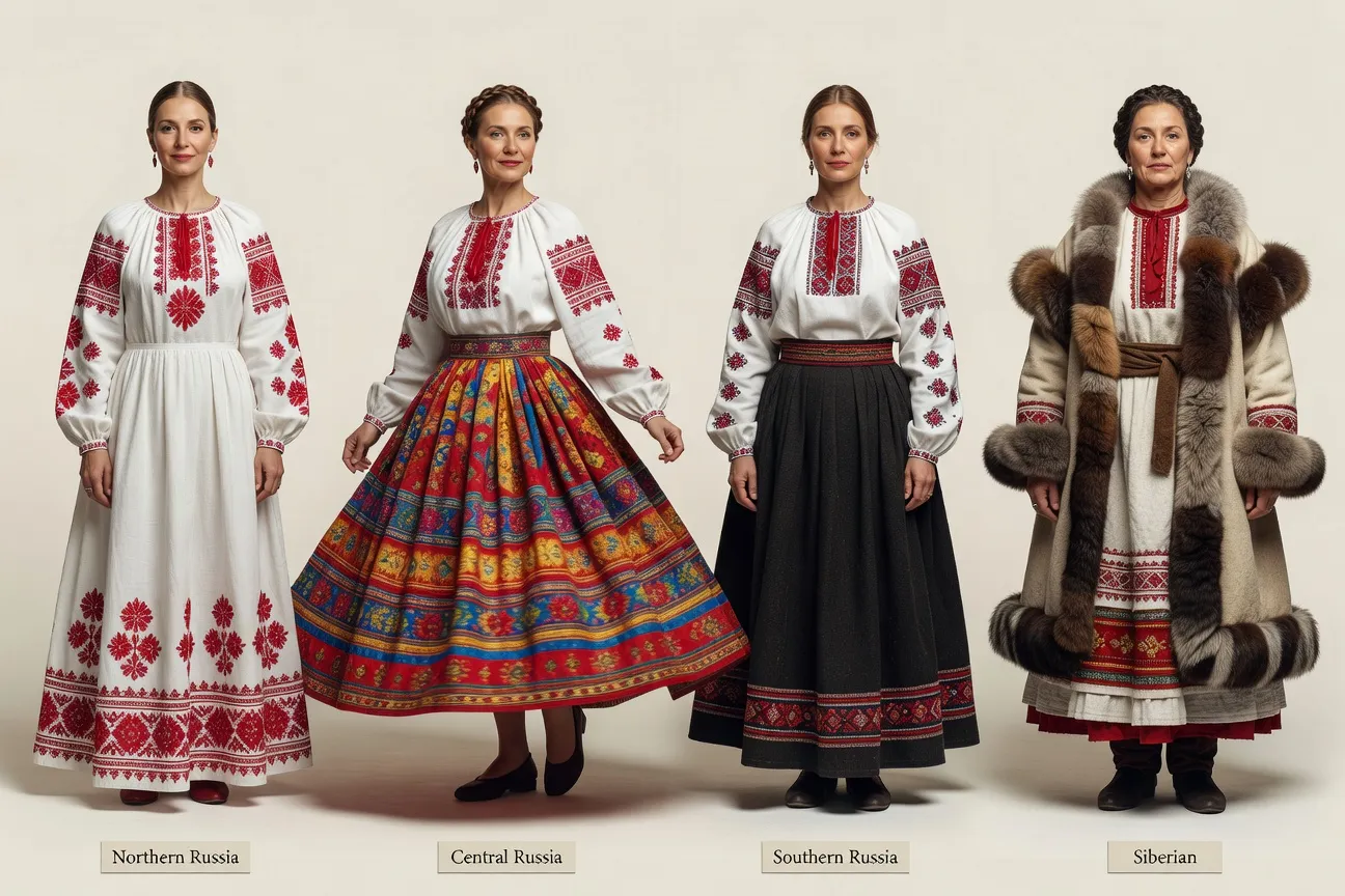 Panorama des costumes russes par r&eacute;gion : Nord, Centre, Sud, Sib&eacute;rie