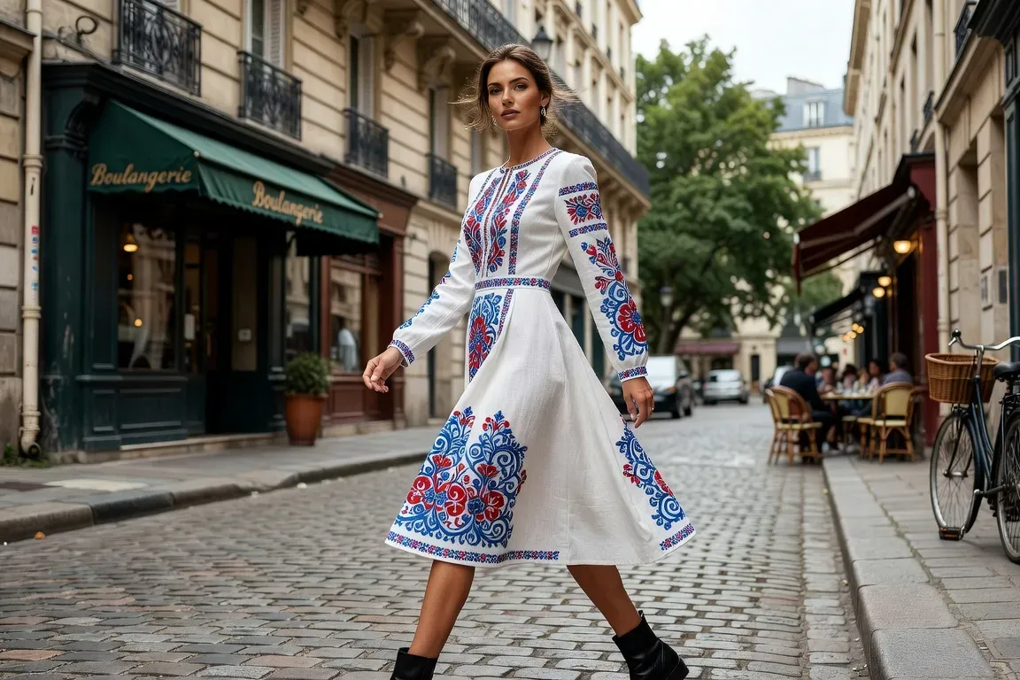 Mannequin en robe contemporaine inspirée des traditions russes