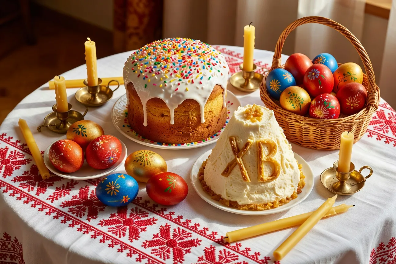 Table pascale russe pour P&acirc;ques 2026 : koulitch, paskha, &oelig;ufs color&eacute;s