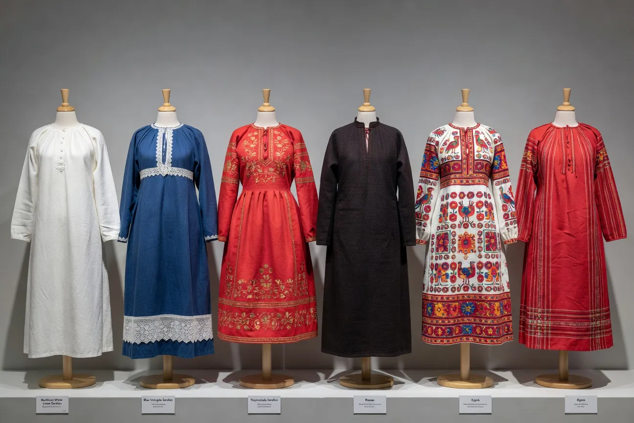 Collection de sarafanes russes traditionnels par r&eacute;gion