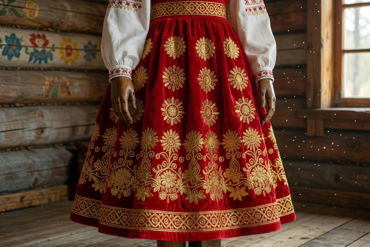 Sarafane russe authentique brodé rouge et or en France