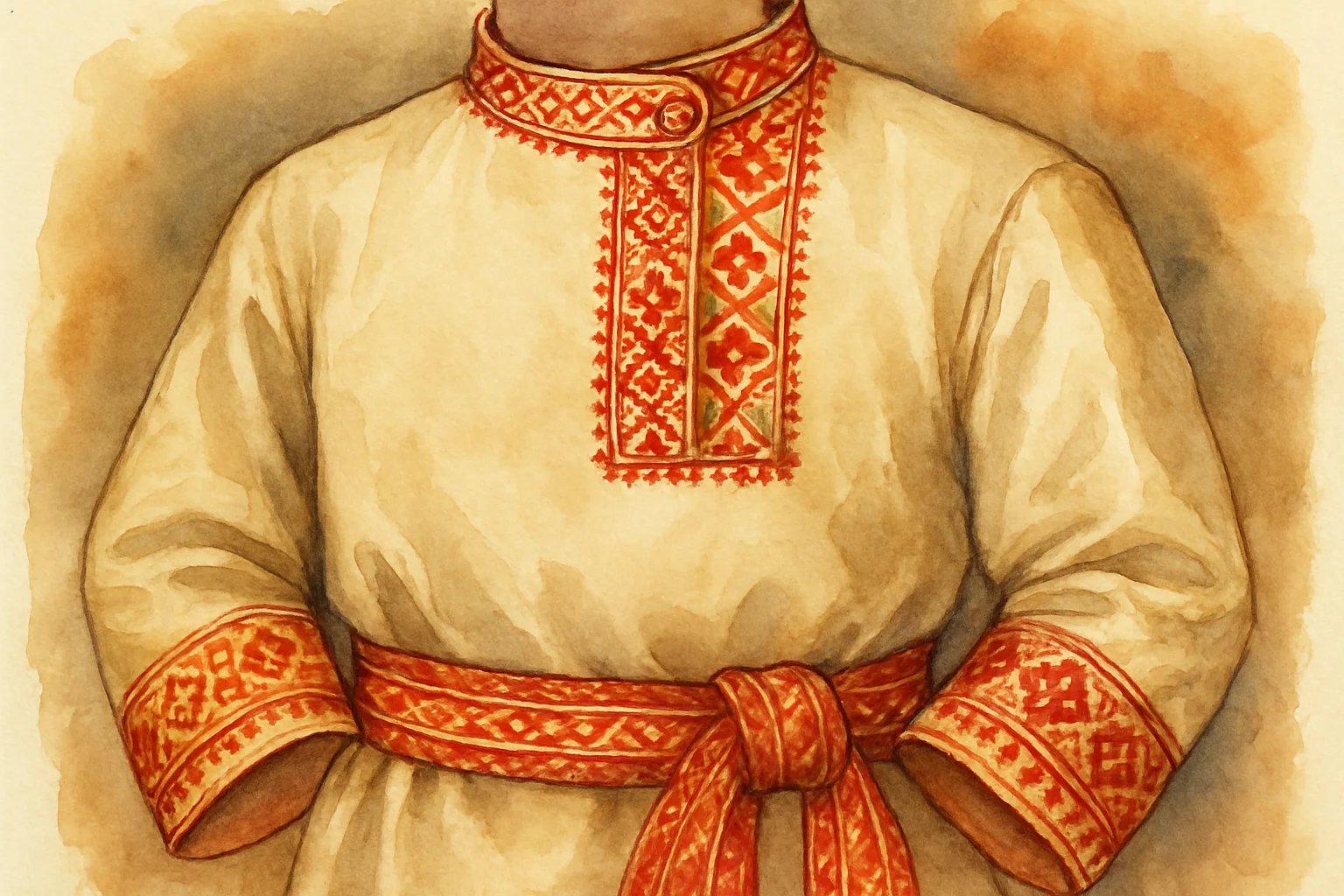 Detail de la kosovorotka russe : col asymetrique, broderie rouge et or au point de croix, ceinture tissee