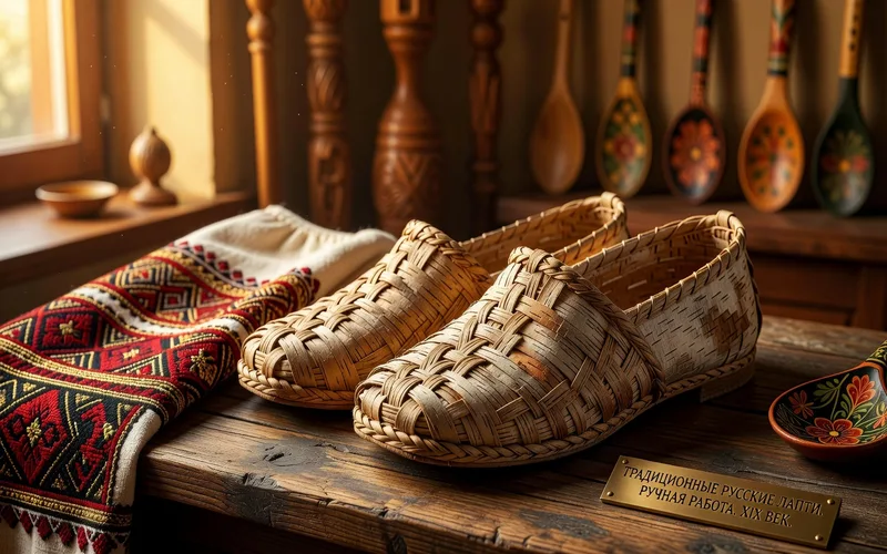 Artisan tressant des lapti traditionnels russes en écorce de bouleau, avec un kochedyk (poinçon) et des bandes d'écorce préparées