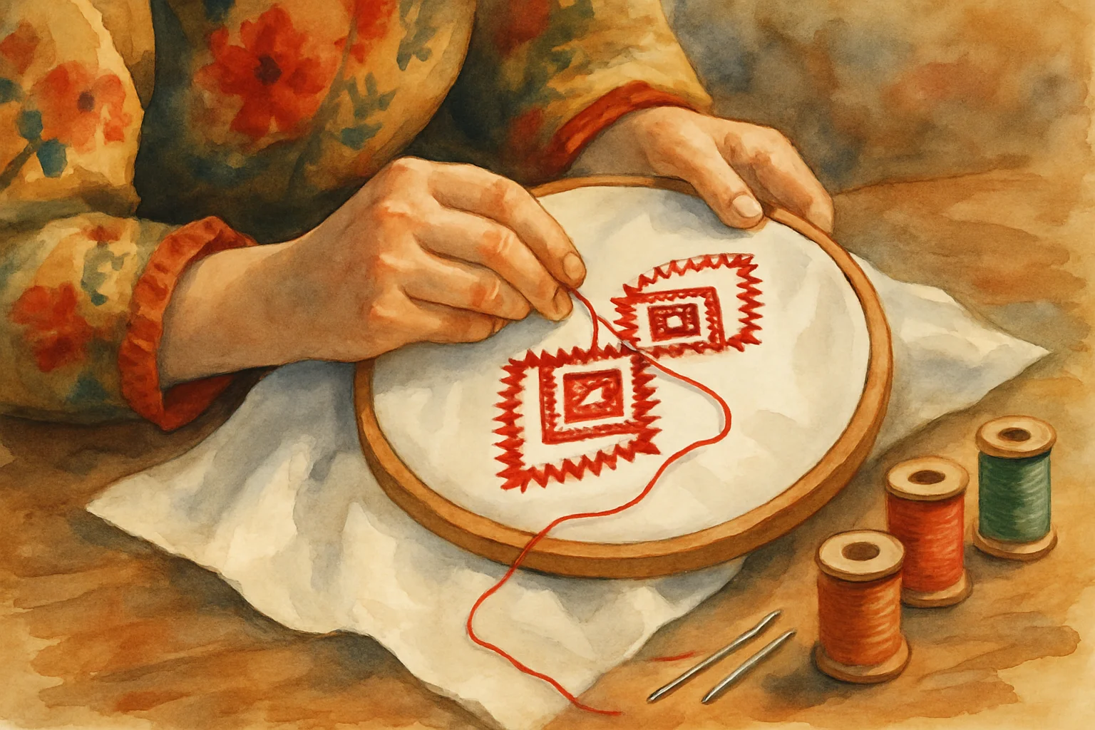 Mains brodant au tambour sur lin blanc avec fils rouges, cercle a broder en bois et bobines colorees