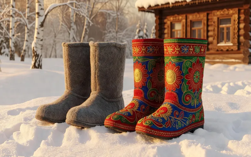 Valenki traditionnels russes en feutre blanc et gris, avec variantes décorées contemporaines brodées et ornées de motifs floraux