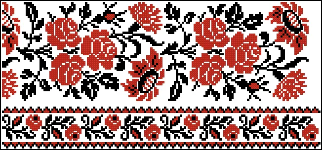 Motif de broderie slave au point de croix : roses et tournesols rouges sur grille