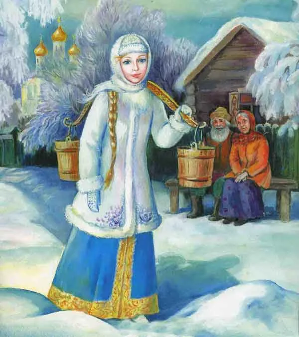 Snegourotchka, la fille de neige, portant seaux dans un village russe enneige