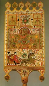 Quenouille russe peinte dans le style de Toemsk, XIXe siecle